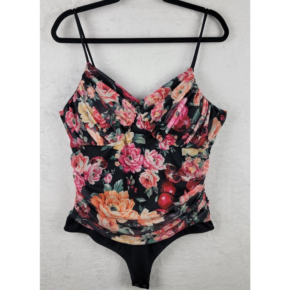 Whimsigoth Romantic Thong Contour Bodysuit XL Strappy Rusch Black Mesh Floral